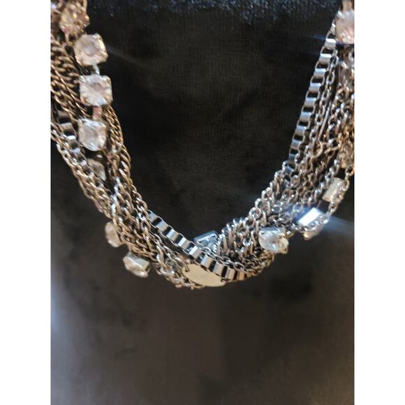 Women's Silver Tone Multi Layer Rhinestone Chain Necklace With Lobster Clasp - Picture 3 of 6